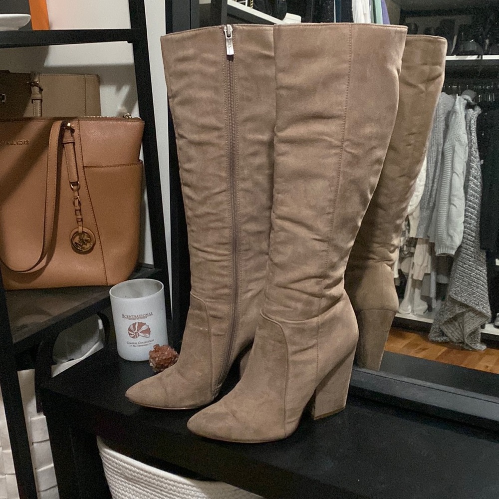 Brown knee high suede heeled boots